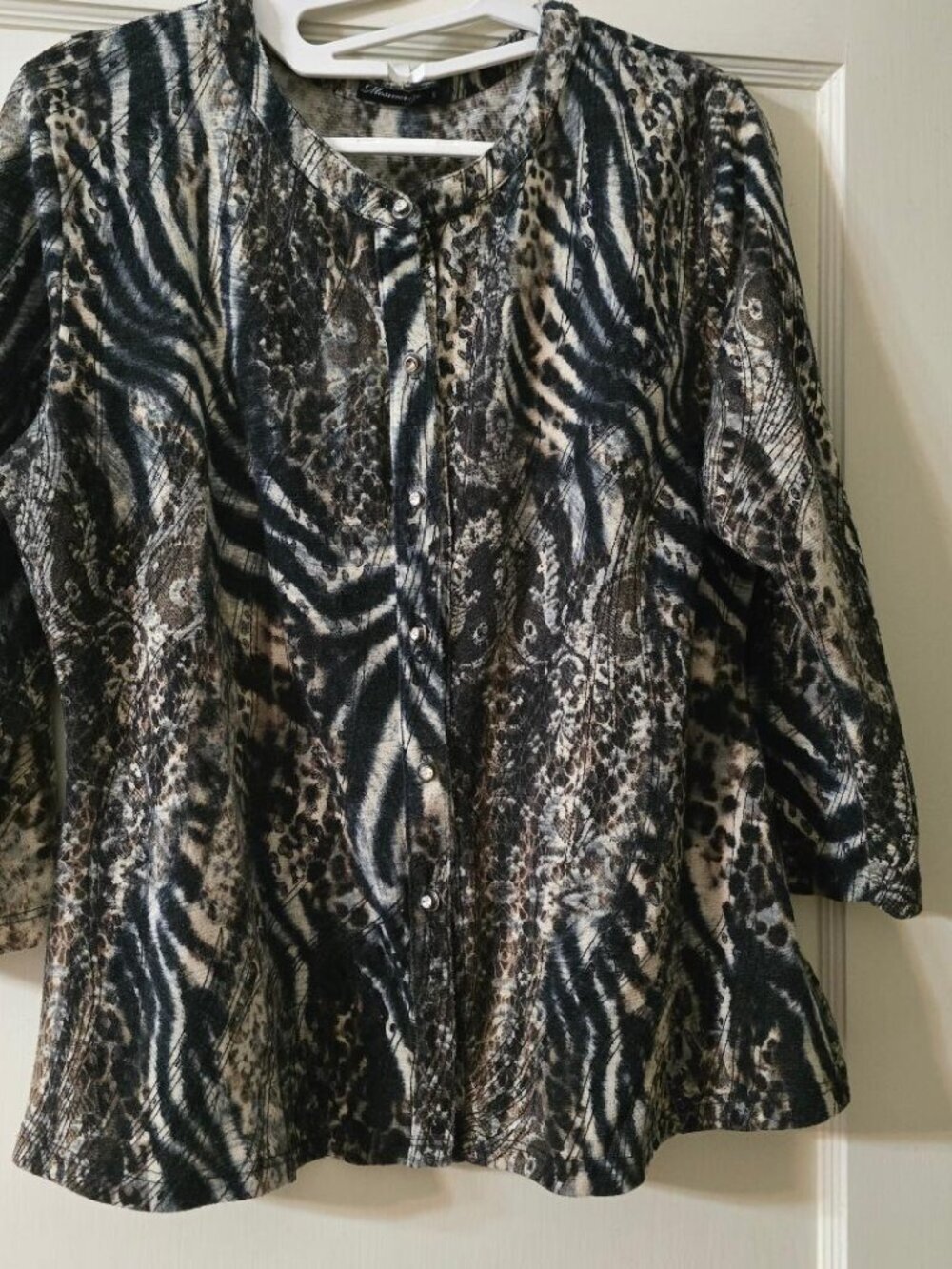 S Mesmerize Paisley & Zebra Animal Print Button-down Knit Top - black, grey, tan